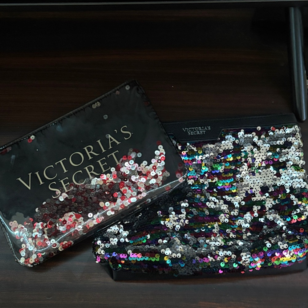 Set of 2Victoria's Secret Black and Multicolor Sequin Cosmetic Bag Set